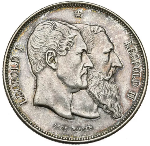 BELGIUM Medallic 5 Francs 1880 AU Silver '50 Years of Belgian Independence'