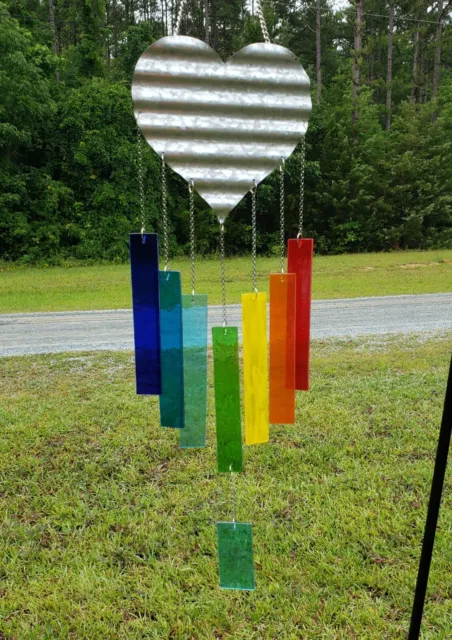 Rainbow Heart Glass Wind Chimes, Stained Glass, Handmade in North Carolina 3