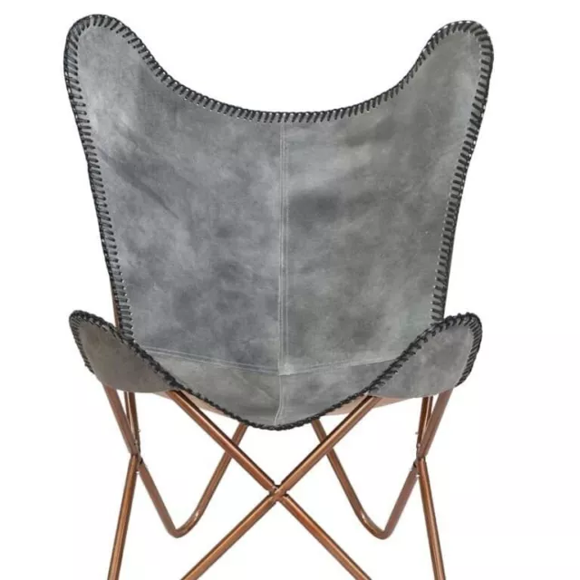 Gray Color Handmade Leather Stitch Butterfly Golden Full Folding Relax Arm chair
