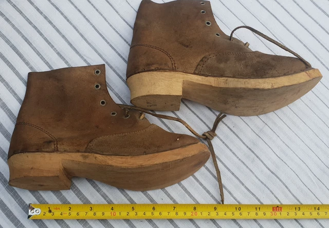Stivali Zoccoli Breton Taglia 22,5 Vintage In Pelle Antica Suole In Legno 20?