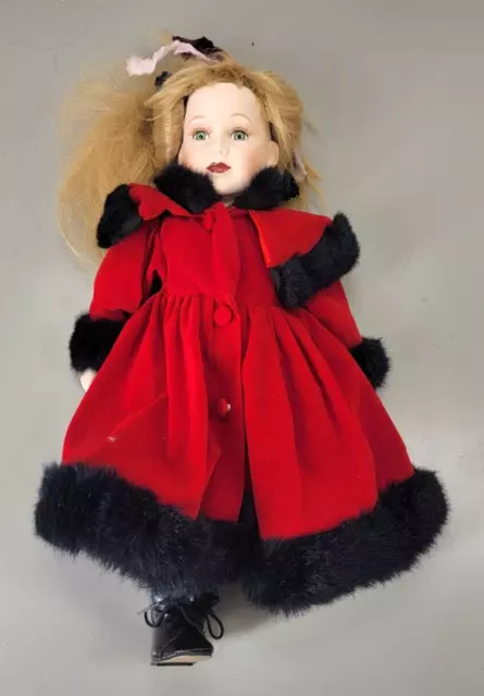 Jo Ann Collection Porcelain Doll, Red  Velvet Fleece Coat, Vintage, 15"