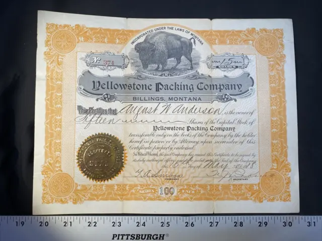 RARE 1918 "YELLOWSTONE PACKING CO." Billings, Montana Stock Certificate No. 374