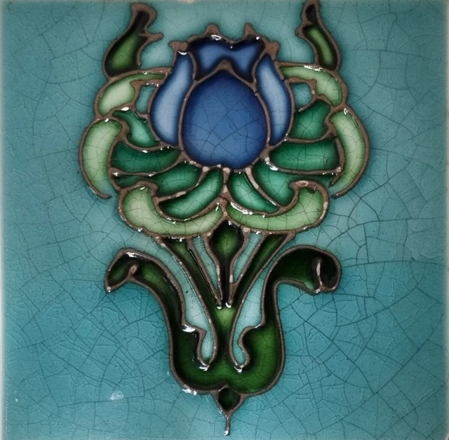 Super Rare Tube Lined Reclaimed Antique Art Nouveau Fireplace Tile by TR Boote