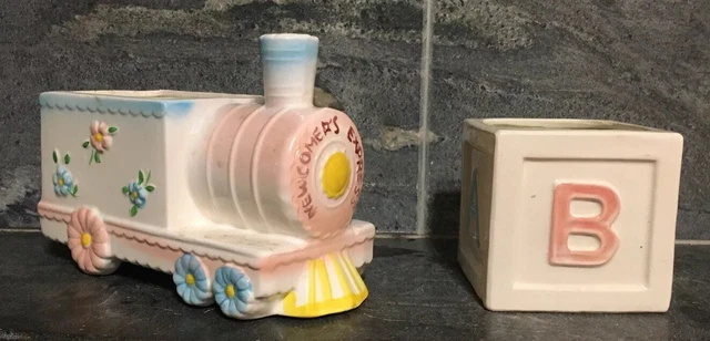 Vtg LOT OF 2 Baby Nursery Theme Ceramic Planters JAPAN Hand Painted - AS IS