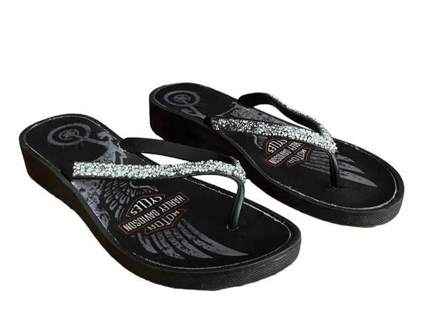Harley Davidson Women’s Flip Flops Low Wedge Sandals Rhinestones Thong Size 9