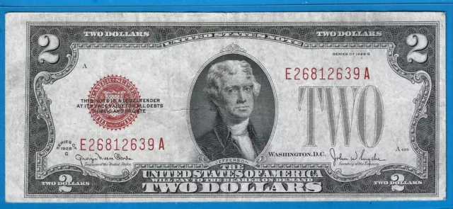 1928 G $2 USN-Legal Tender Note-Minor Cut Error,Red Seal,Circ VF,Nice!