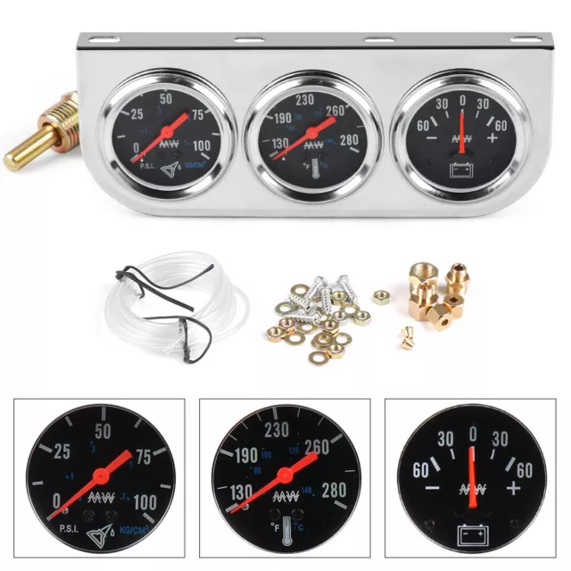 52mm Chrome 3in1 Car Triple Gauge Kit Oil Pressure Fahrenheit Water Temp Ammeter