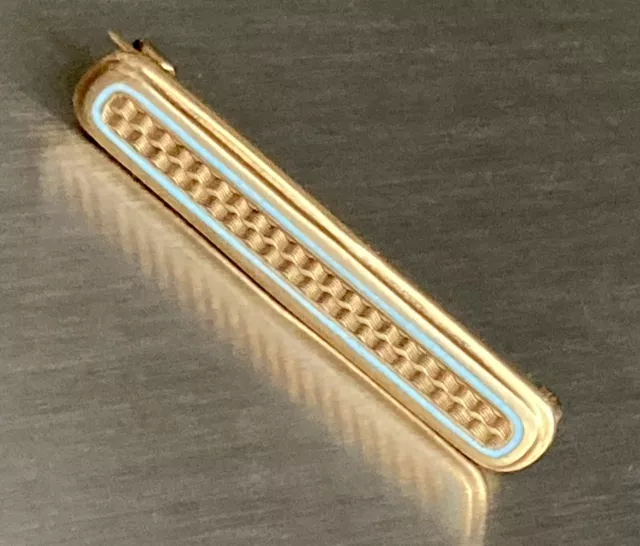 Antique Art Nouveau Riker Bros 14k Yellow Gold Blue Enamel Bar 1” Pin Brooch USA