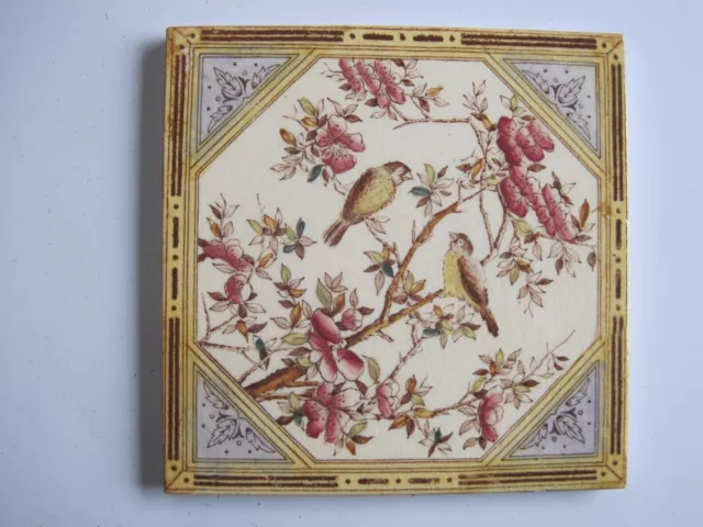 Antique Victorian 6" Wedgwood? Print & Tint Japanesque Birds In Branches Tile