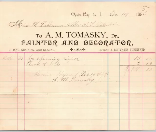 Oyster Bay LI NY Letterhead Billhead 1896 A.M. Tomasky Painter Decorator