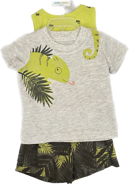 Carters Outfit Baby Boy 0-3M  3pc Chameleon Top Shorts Green Cotton Summer