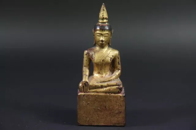 Meditierender Buddha geschnitzte vergoldete Holzfigur Inschrift Burma (EV855)