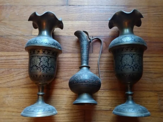 Lot 3 Vintage Large Brass India Vase Heavy Antique