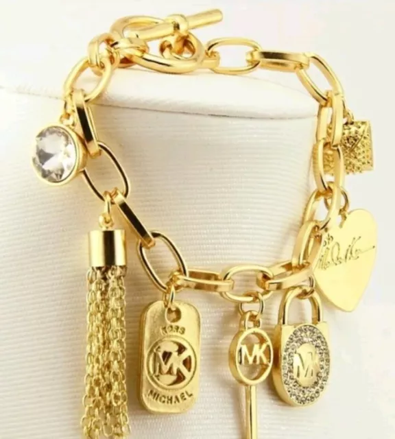 MK Michael Kors Charms Bracelet Bangle Womens Jewelry  Gold Tone Key