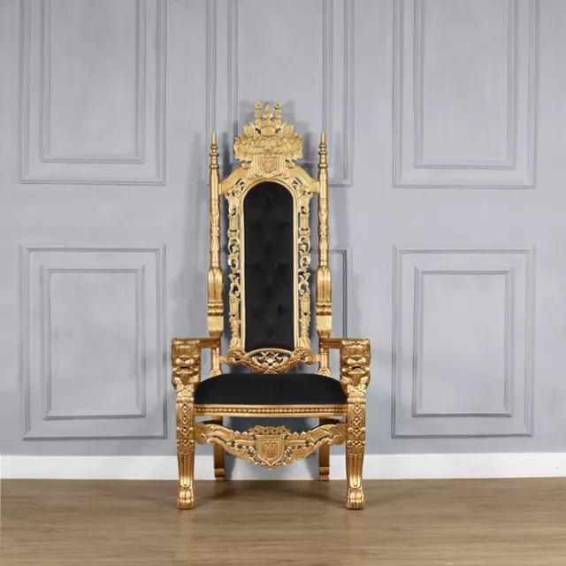 Throne Chair   -  Gold Leaf Frame with Black Velvet Upholstery, Wedding chair