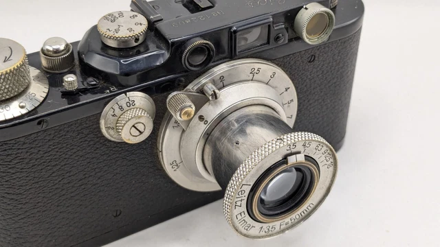 A Leica III 35mm rangefinder camera, black, 1935. With a 50mm 1:3.5 Leitz Elmar lens. Camera body se
