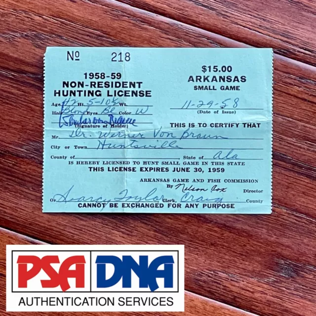 WERNHER VON BRAUN * PSA * AUTOGRAPH Hunting License SIGNED * NASA