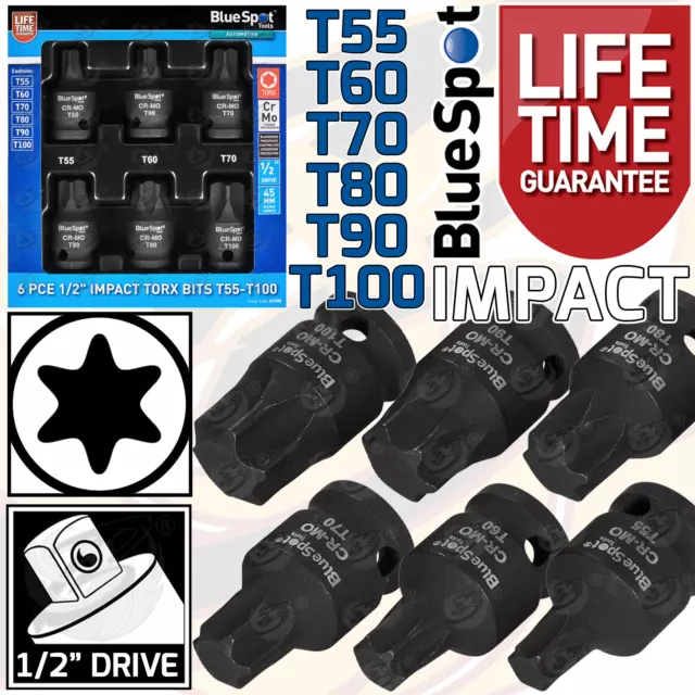 IMPACT TORX BIT Sockets Set 1/2" Drive X-Large Star IMPACT T55 - T100 BLUESPOT