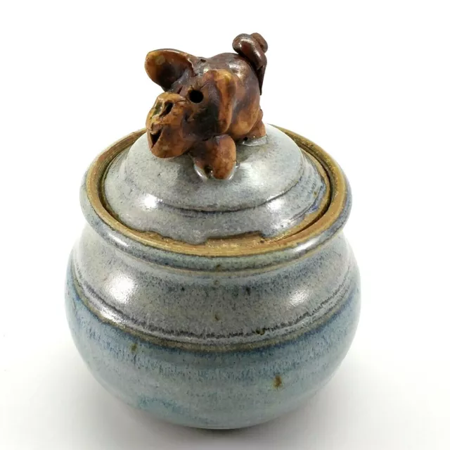 Wheel Thrown Handmade  Red Clay Pottery Light Blue Jar Pig on Lid