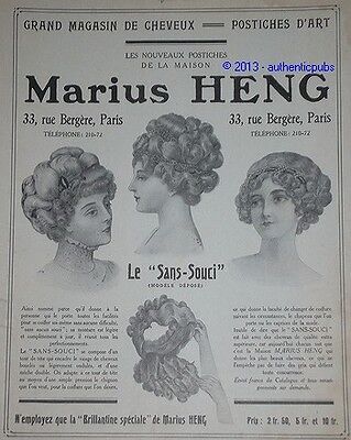 33 RUE BERGERE PARIS PUBLICITÉ PRESSE 1913 COIFFURES POSTICHES DE MARIUS HENG 