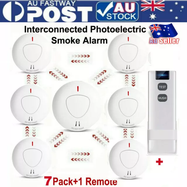 7x Wireless Interconnected Photoelectric Smoke Alarm 10 Year Battery+ Remote