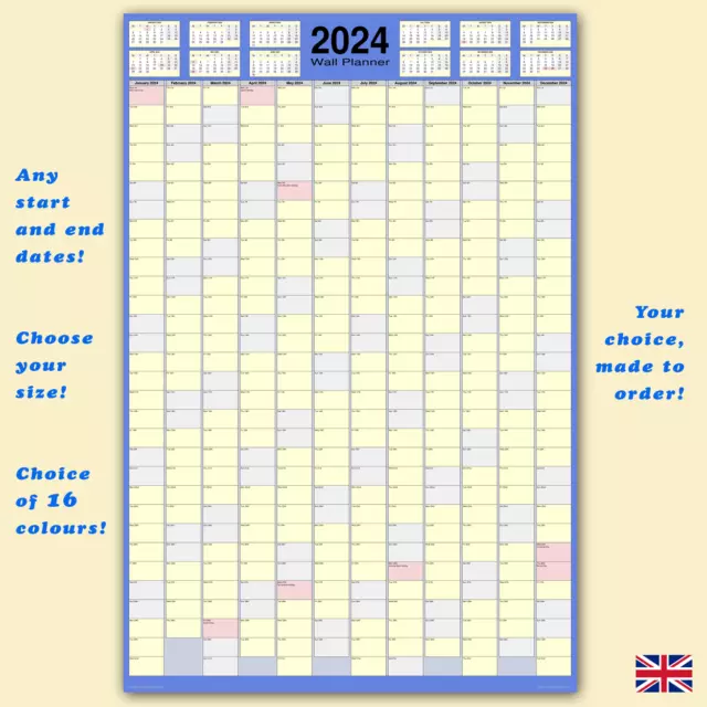 Custom wall planner calendar ANY start & end dates. 16 colours 3 sizes [Type A]