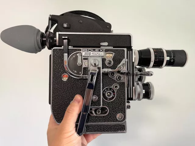 BOLEX Reflex REX 5 Vintage H16 16mm MOVIE CAMERA 10x Viewfinder 3 Kern RX Lenses