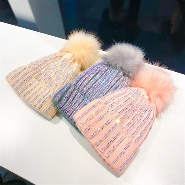 Chapeau femme strass bling pom pom pom pom tricoté neige beanie crânes casquette