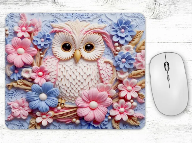 White Owl & Flowers  Neoprene Mouse Pad Mat Rectangle Non Slip