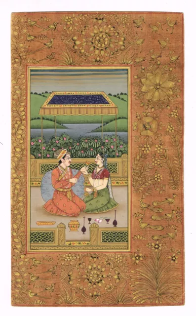 Mughal King Queen Love Scene Art Indian Miniature Handmade Painting 4.5x8 Inches