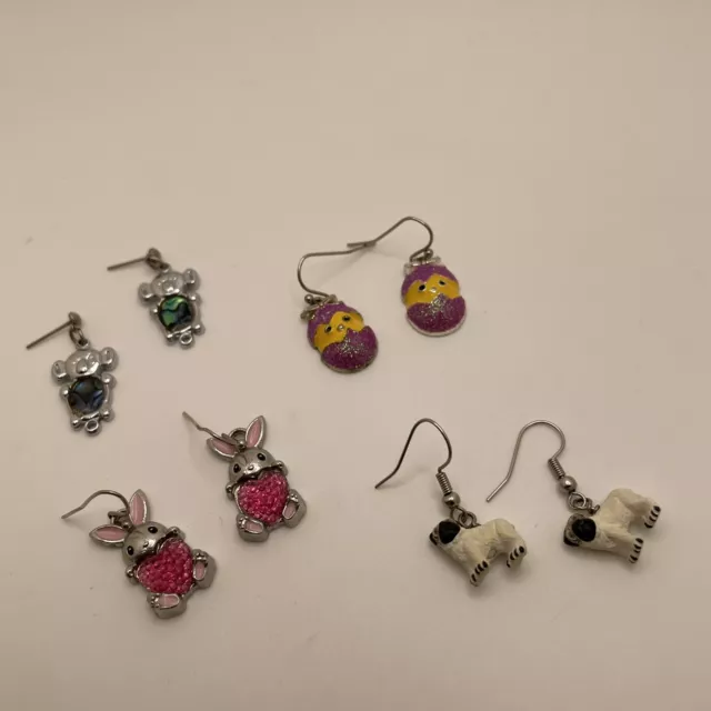 Lot Of 4 Costume Earrings Pierced Dangle / Drop Easter Egg, Rabbit, Pug, Koala