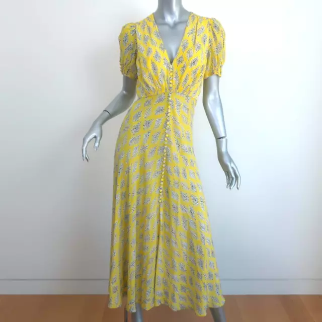 Saloni Short Sleeve Midi Dress Lea Yellow Printed Silk Size US 2