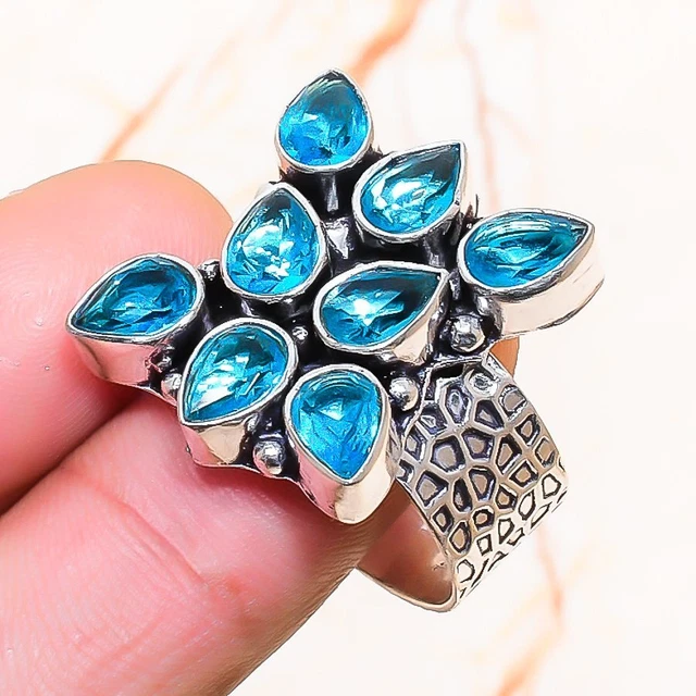 Swiss Blue Topaz Gemstone Handmade Gift Jewelry Ring Size 8.5 Q697