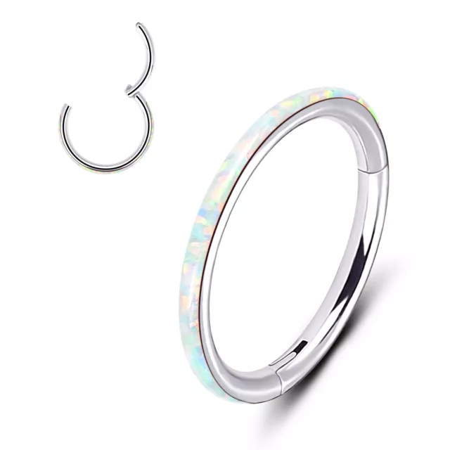 Pair Opal Outer Lined All Surgical Steel Hinged Segment Nose Hoop Ring Jewelry