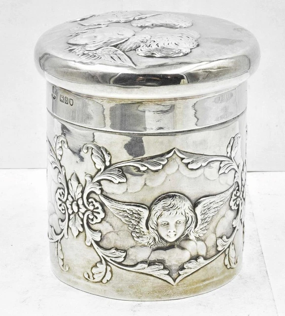 Antique Sterling Silver England William Comyns 1897 Repousee Cubid Covered Jar Antique Sterling Silver England William Comyns 1897 Repousee Cubid Covered Jar
