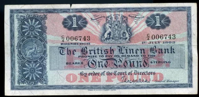 SCOTLAND BRITISH LINEN BANK ONE POUND  BANKNOTE 31st March 1962 Prefix C4