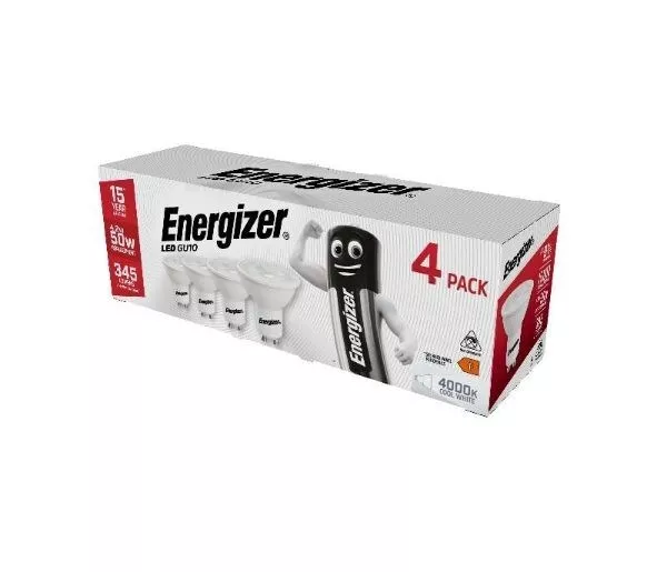 4 x Energizer LED GU10 Spotlight Bulbs | 345 Lumens 4.2W 4,000K | Cool White |