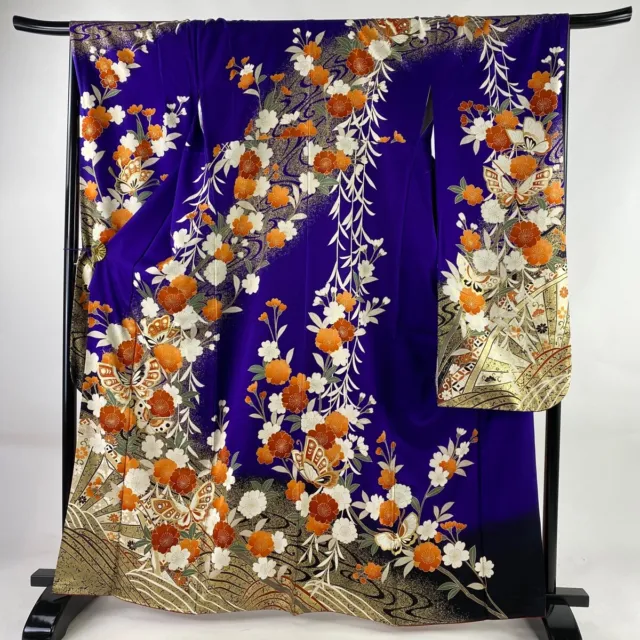 Japanese Kimono Silk Furisode Long Sleeves Gold Leaf Butterfly Cherry Blue 64"