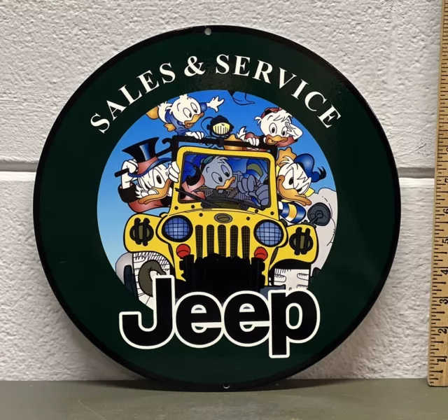 Jeep Sales Service Metal Round Sign Donald Duck Cartoon Character Dealer Gas Oil