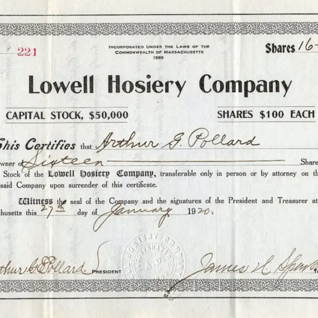 1920 Lowell Hosiery Company Share Stock Certificate Massachusetts MA $100 VTG