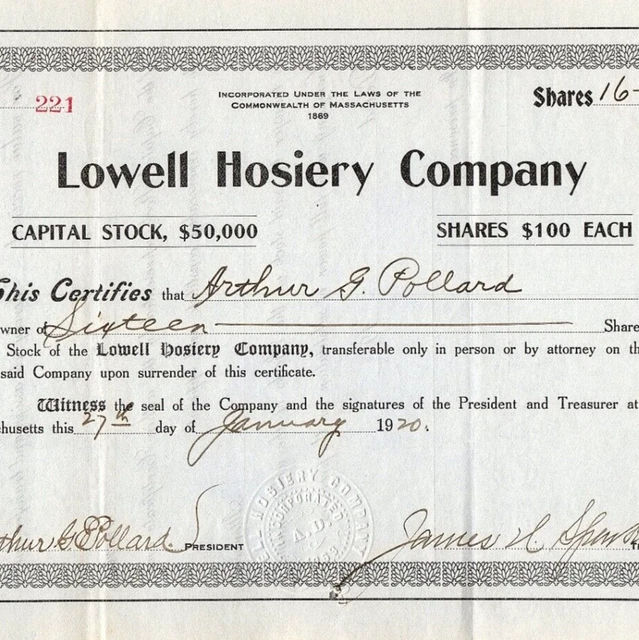 1920 Lowell Hosiery Company Share Stock Certificate Massachusetts MA $100 VTG