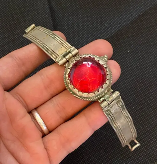 Ancient Victorian Sterling Silver Bracelet Natural Red Carnelian Stone