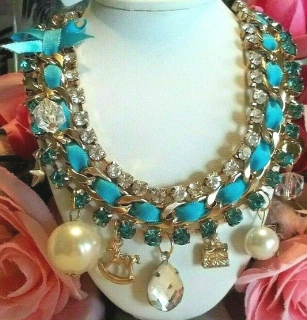 Betsey Johnson Rare Blue Crystal Pearl Multi Charm Ribbon Statement Necklace