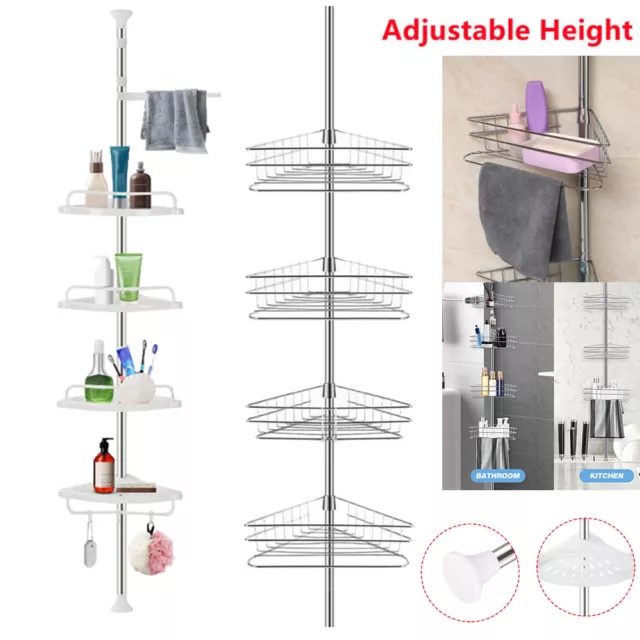 Corner Shower Shelf 4 Tier Pole Caddy Modern Telescopic Bathroom Rack UK STOCK