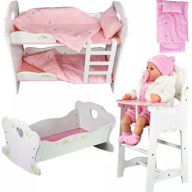 BiBi Doll Baby Doll Wooden Set High Chair Girls Toys Rocking Crib Cot Bed Pram