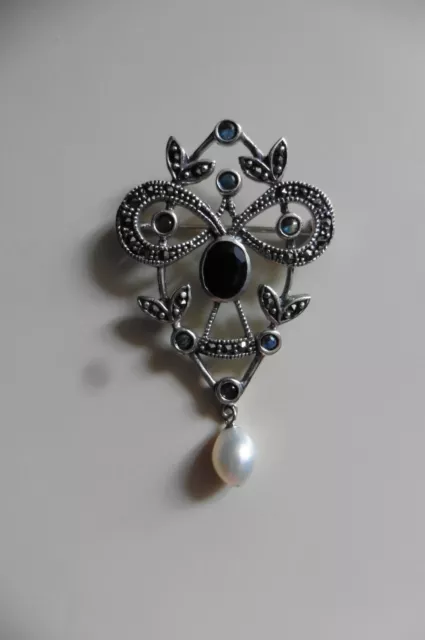 Neuf - Broche pendentif style Art Nouveau en argent perle et saphirs véritables