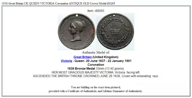 1838 Great Britain UK QUEEN VICTORIA Coronation ANTIQUE OLD Crown Medal i88265 3