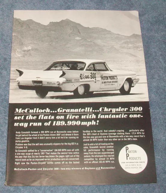 1962 Paxton Superchargers Vintage Ad McCulloch Granatelli 1960 300F 189.99 MPH