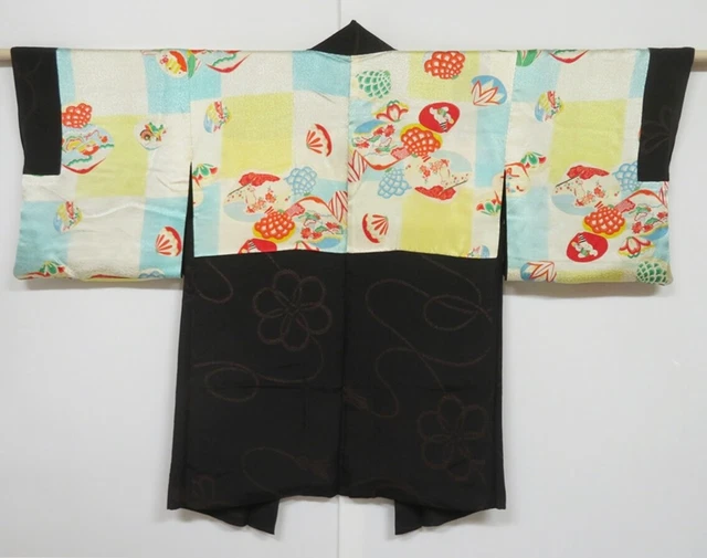 1118N07z550 Vintage Japanese Kimono Silk HAORI Black  Kumihimo