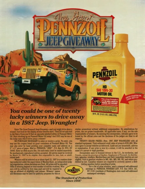 1986 PENNZOIL Motor Oil win 1987 Jeep Wrangler art Vintage Print Ad